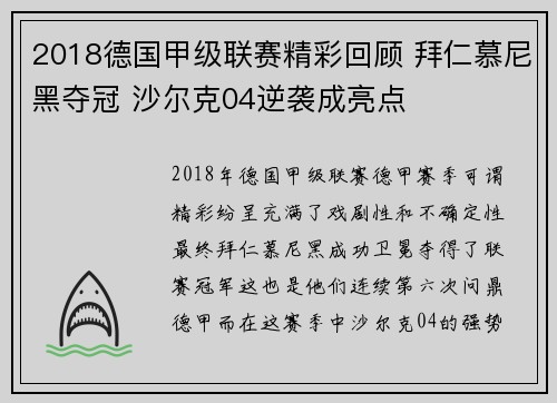 2018德国甲级联赛精彩回顾 拜仁慕尼黑夺冠 沙尔克04逆袭成亮点