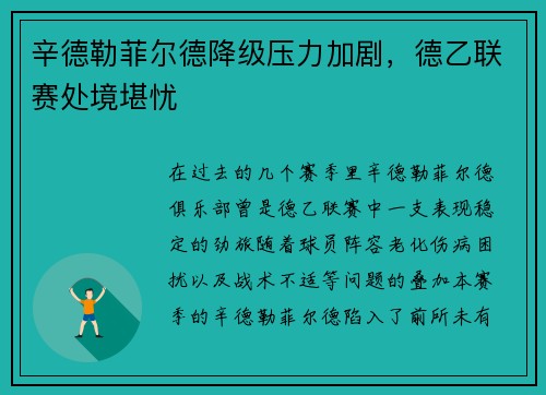 辛德勒菲尔德降级压力加剧，德乙联赛处境堪忧